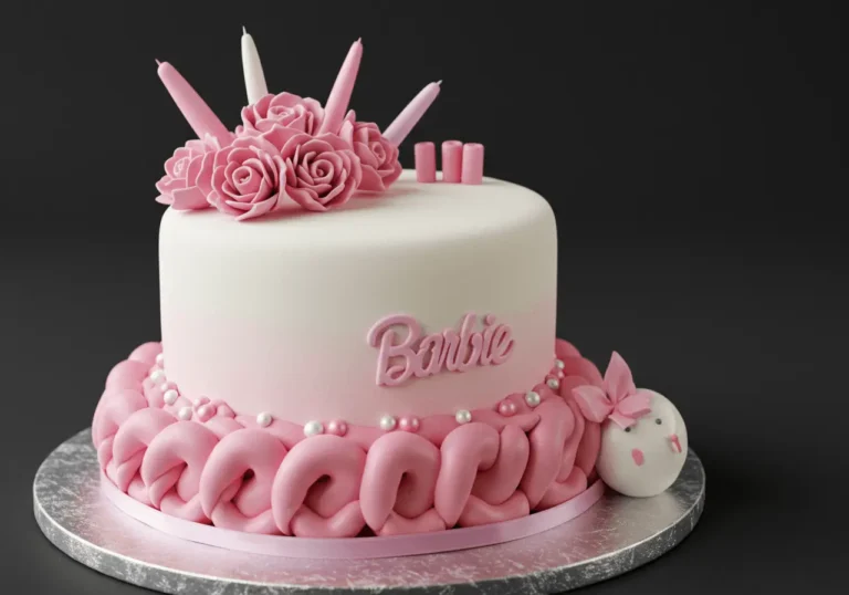 Barbie cake with a beautiful fondant dress and detailed decorations for a birthday party.