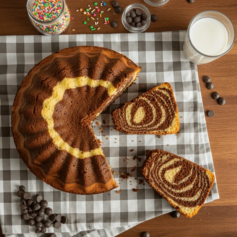 A freshly baked zebra cake with classic chocolate and vanilla stripes, sliced to reveal its beautiful layers.