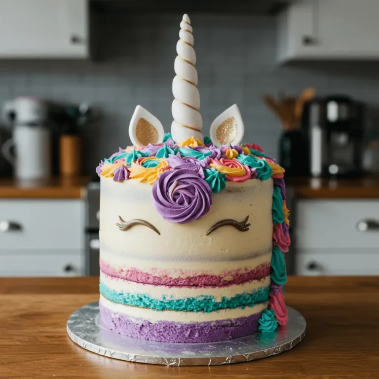 Colorful Unicorn Cake with rainbow layers, fondant decorations, and edible glitter