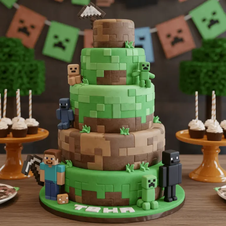 Minecraft cake decorated with fondant blocks, Minecraft characters like Steve and Creeper, perfect for a themed birthday party