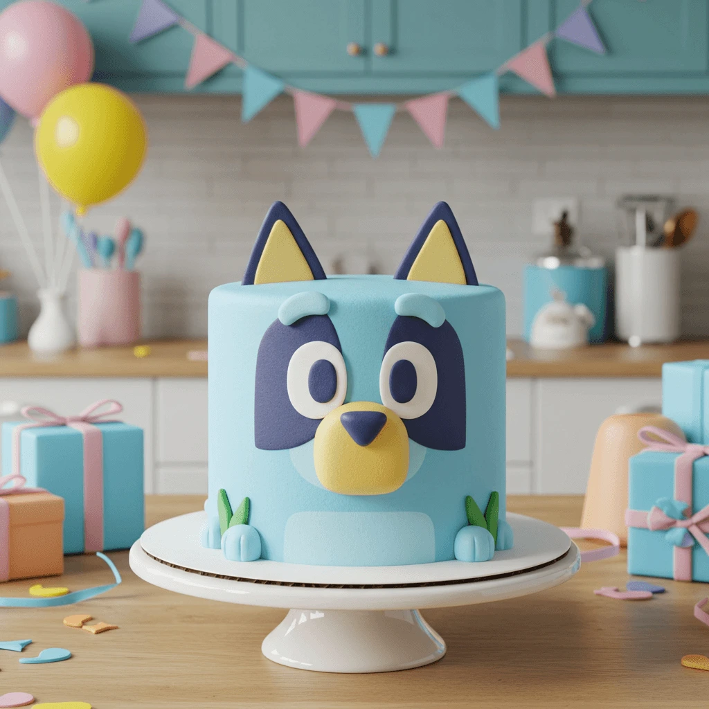 A beautifully decorated Bluey cake with fondant Bluey character, perfect for a child's birthday party.