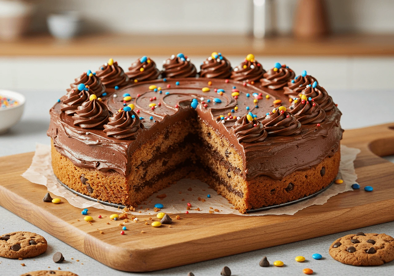 Delicious American Cookie Cake decorated with frosting and chocolate chips