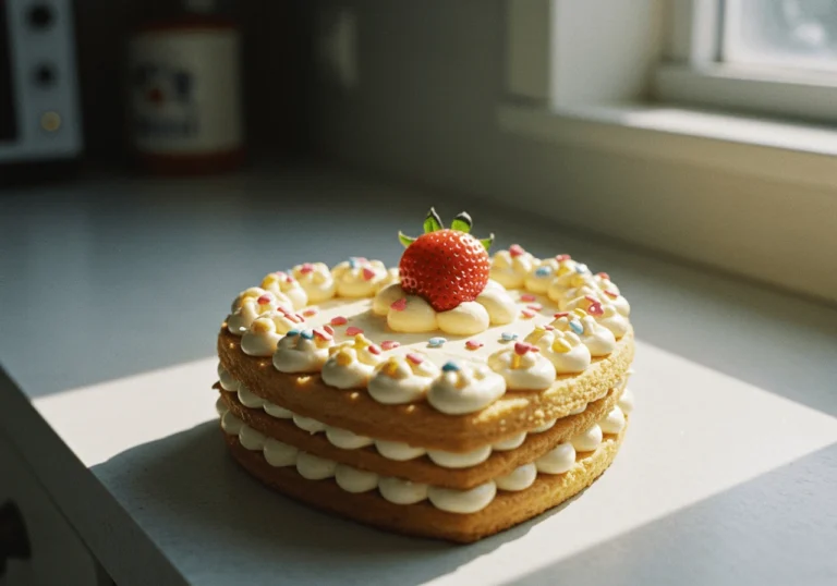 Delicious heart cake decorated with frosting and fresh strawberries.