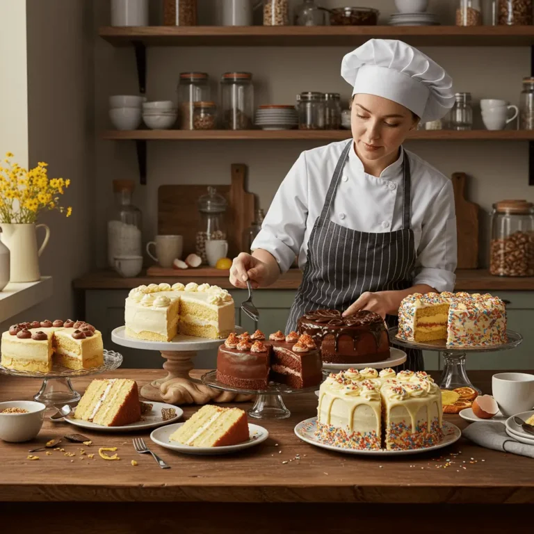 Assortment of popular cake flavors including chocolate, vanilla, red velvet, and lemon cake slices on a rustic wooden table.