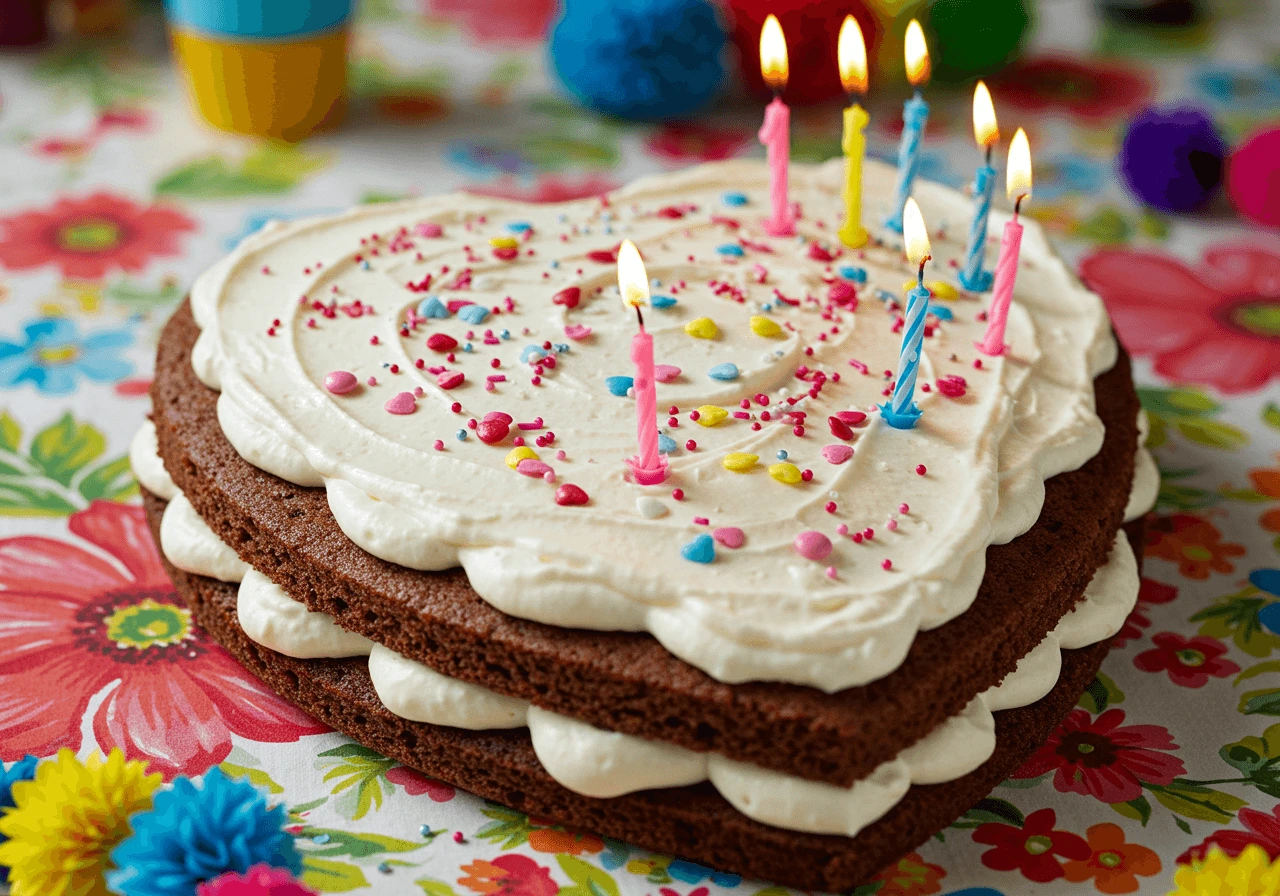 Heart Birthday Cake with colorful decorations