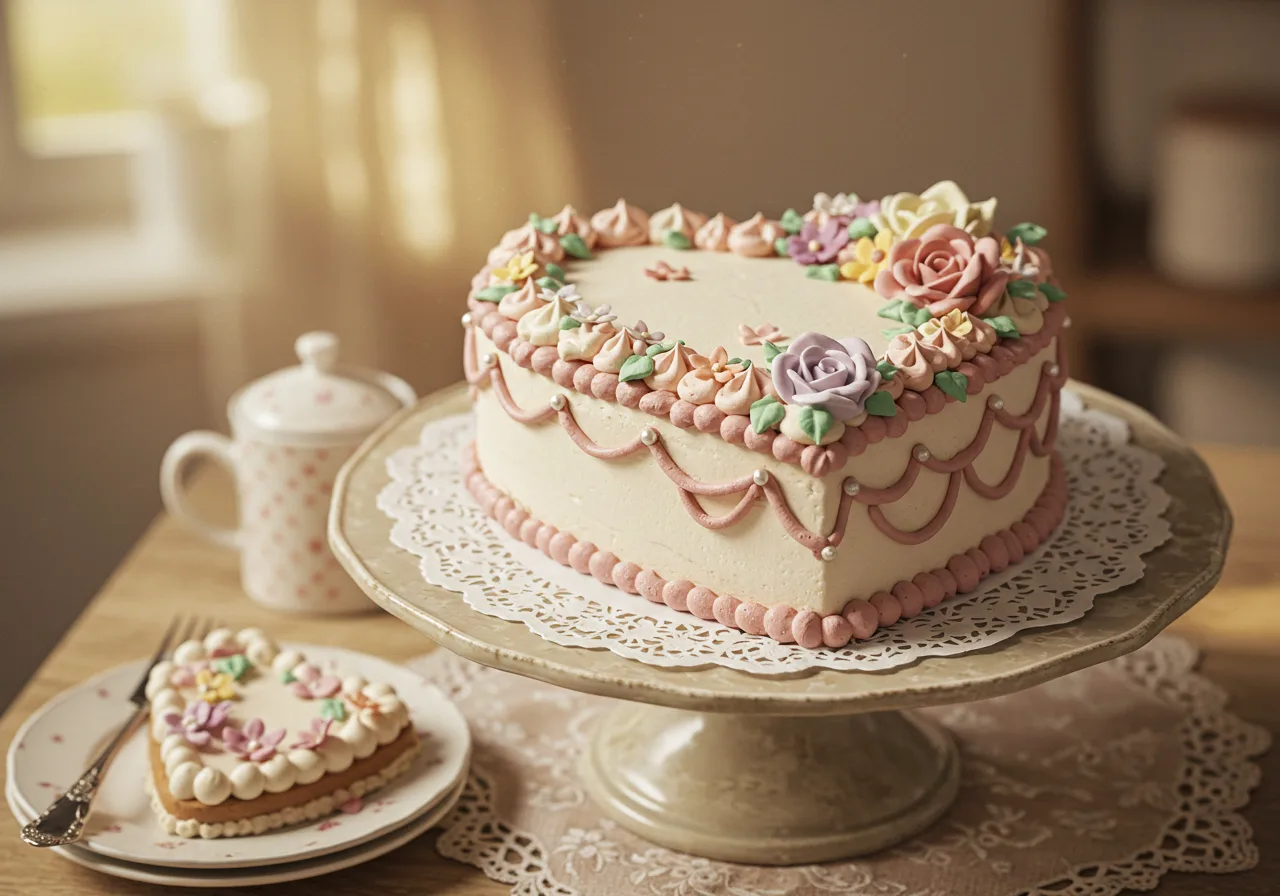 Vintage Heart Cake with pastel buttercream piping and decorative floral accents