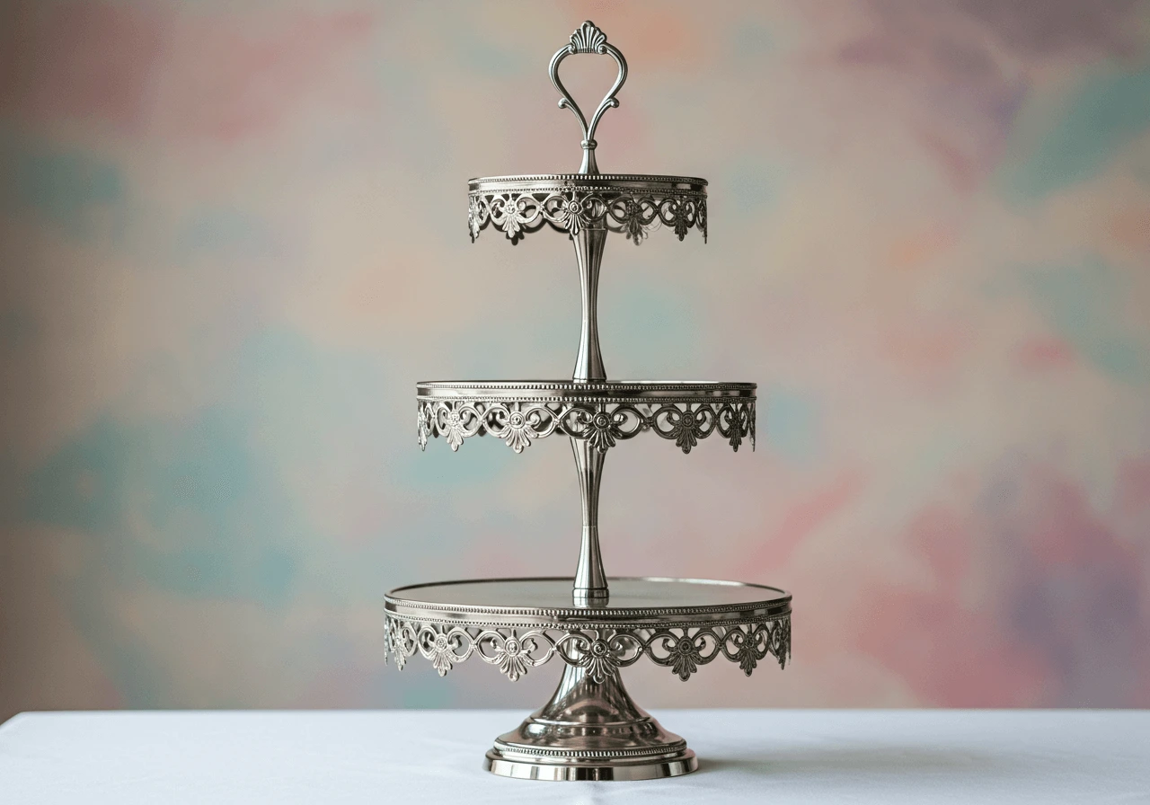 A beautiful wedding cake stand showcasing a tiered wedding cake with floral decorations.