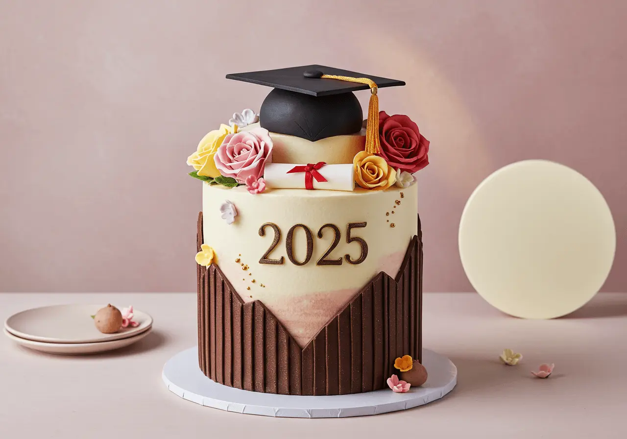 Beautiful graduation cake with cap and diploma decorations